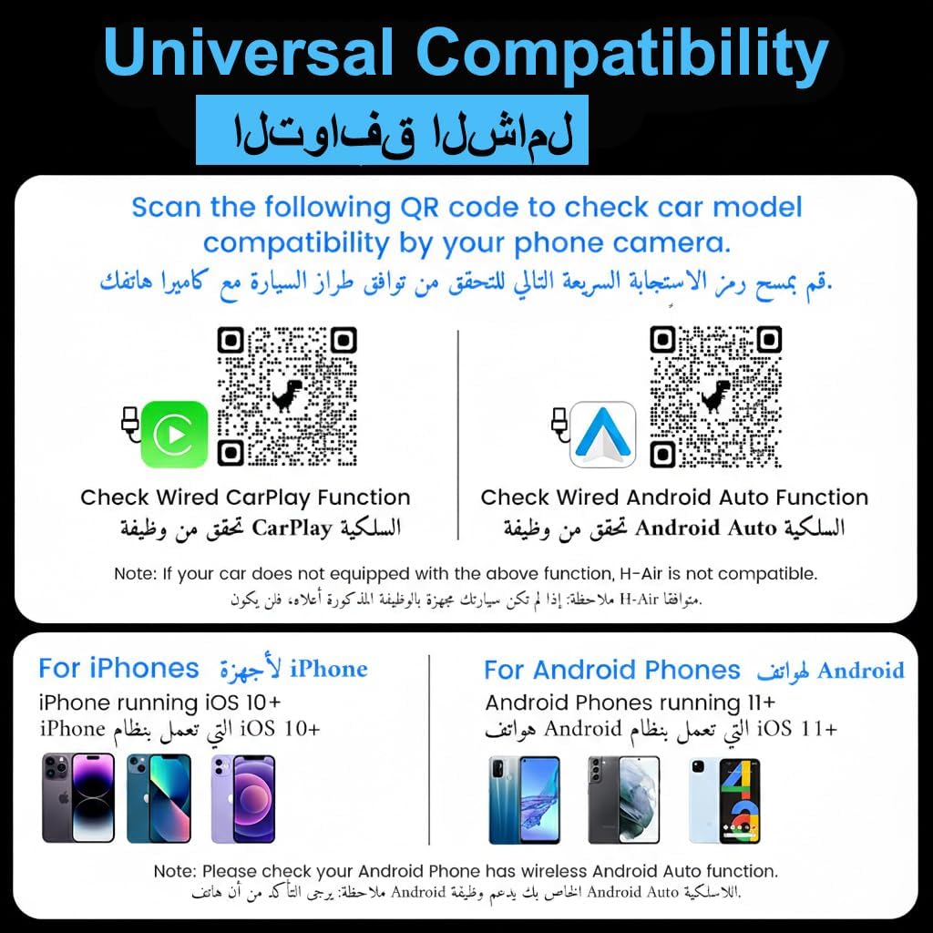 محول كاربلاي لاسلكي للسيارات، تحويل من السلكي إلى اللاسلكي دونجل أندرويد أوتو، محول صغير 2 في 1 قابس وتشغيل، اتصال تلقائي سريع، بدون تأخير، تحكم مستقر لآيفون وأندرويد