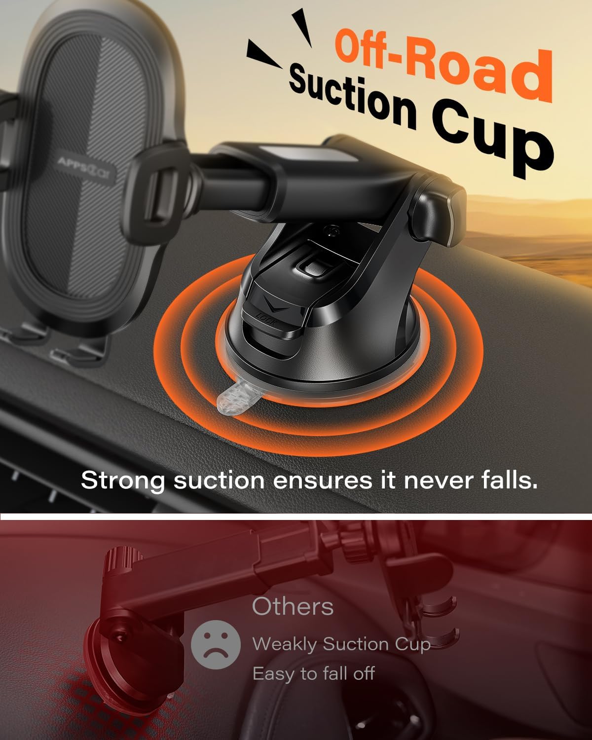 حامل هاتف السيارة من APPS2Car، حامل هاتف عالمي للسيارة، حامل هاتف 360 لتثبيته على لوحة القيادة أو الزجاج الأمامي للسيارة، متوافق مع أجهزة iPhone 15/14/13 من 4.7-6.8 بوصة وسامسونج والمزيد