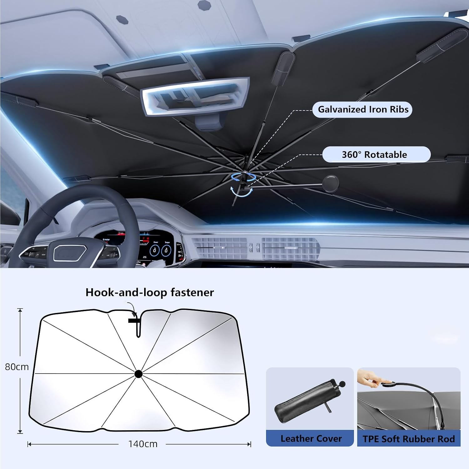 Car Windshield Sunshade Umbrella, 360° Bendable 10-Rib Fiberglass Frame Foldable Thickened Titanium Silver for Front Window Interior Sun Protection UV Resistant, for Medium Sedan SUV (140x80CM)