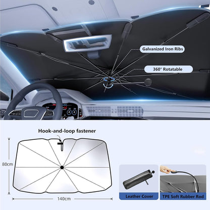 Car Windshield Sunshade Umbrella, 360° Bendable 10-Rib Fiberglass Frame Foldable Thickened Titanium Silver for Front Window Interior Sun Protection UV Resistant, for Medium Sedan SUV (140x80CM)