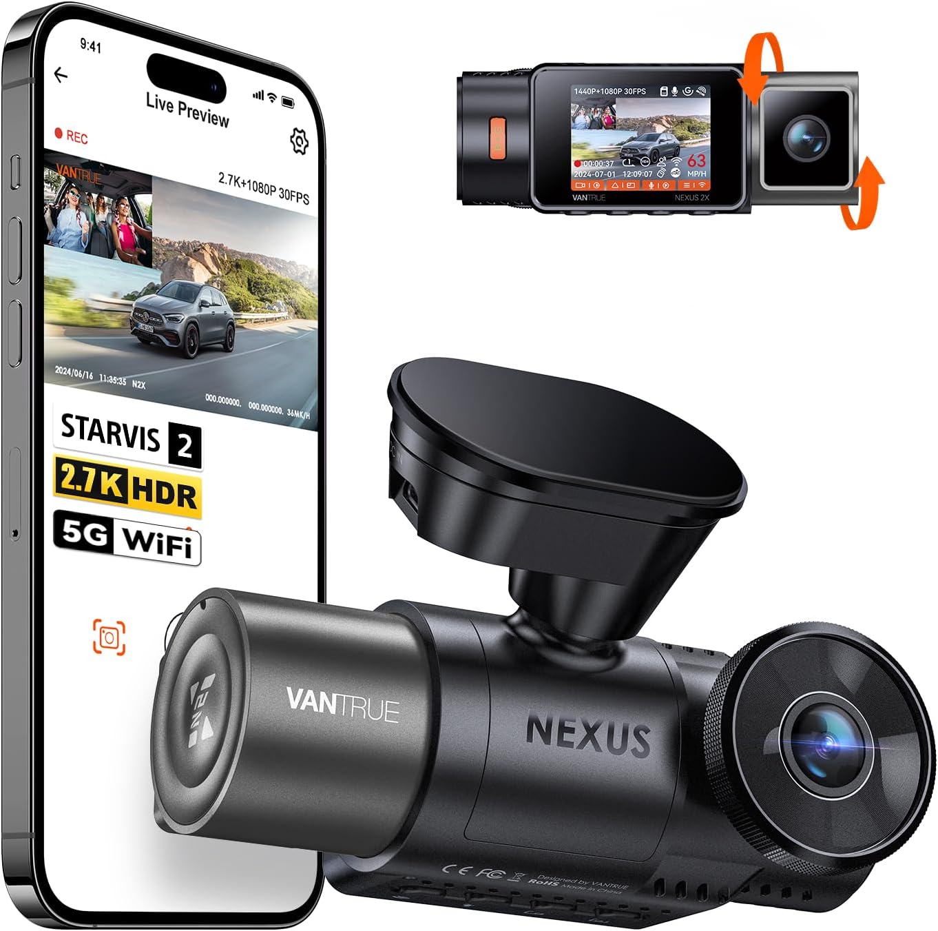 VANTRUE N2X Dash Cam 2.7K Front and Inside, STARVIS 2 IMX675, Dual Dash Cam For Cars, Car camera with 5G WiFi, HDR, Night Vision, GPS, 24H Buffered Parking Mode, 60fps, Voice Control,Support 512GB Max