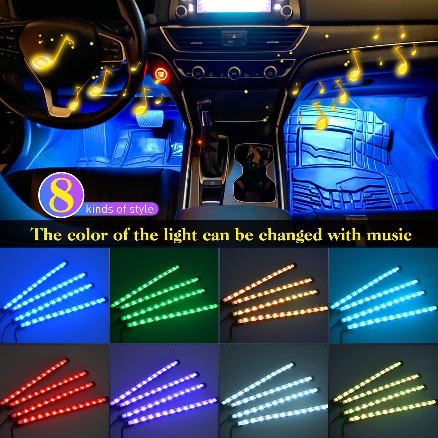 Nilight 4PCS 48 LEDs USB Interior Lights DC 5V Multicolor Music Car Strip Light Under Dash Lighting Kit with Sound Active Function and Wireless Remote Control, 2 Years Warranty