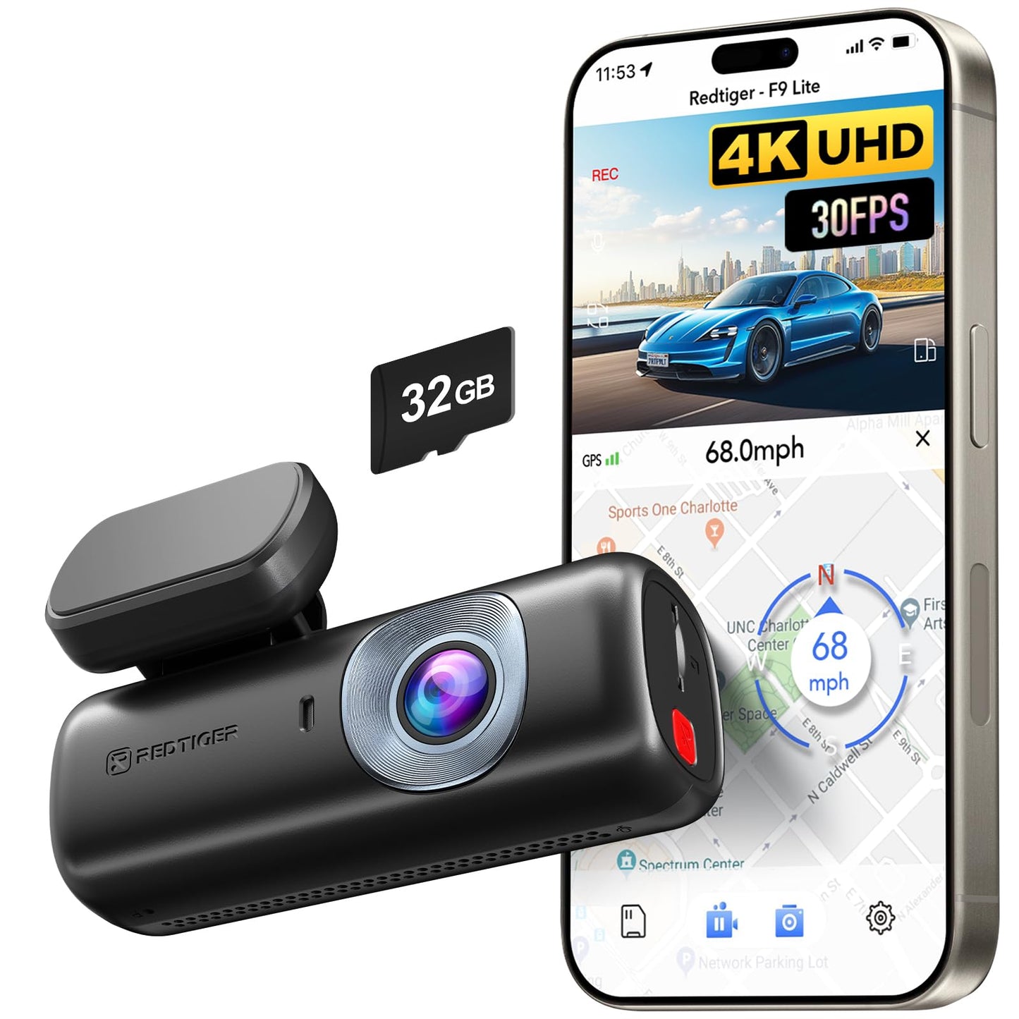 ريدتايجر كاميرا لوحة قيادة 4K للسيارات، تحكم من التطبيق، ADAS، بطاقة ذاكرة 32GB متضمنة، نظام تحديد المواقع والواي فاي مدمج، كاميرا لوحة قيادة صغيرة مع مقياس تسارع، رؤية ليلية، وضع وقوف السيارة لمدة 24