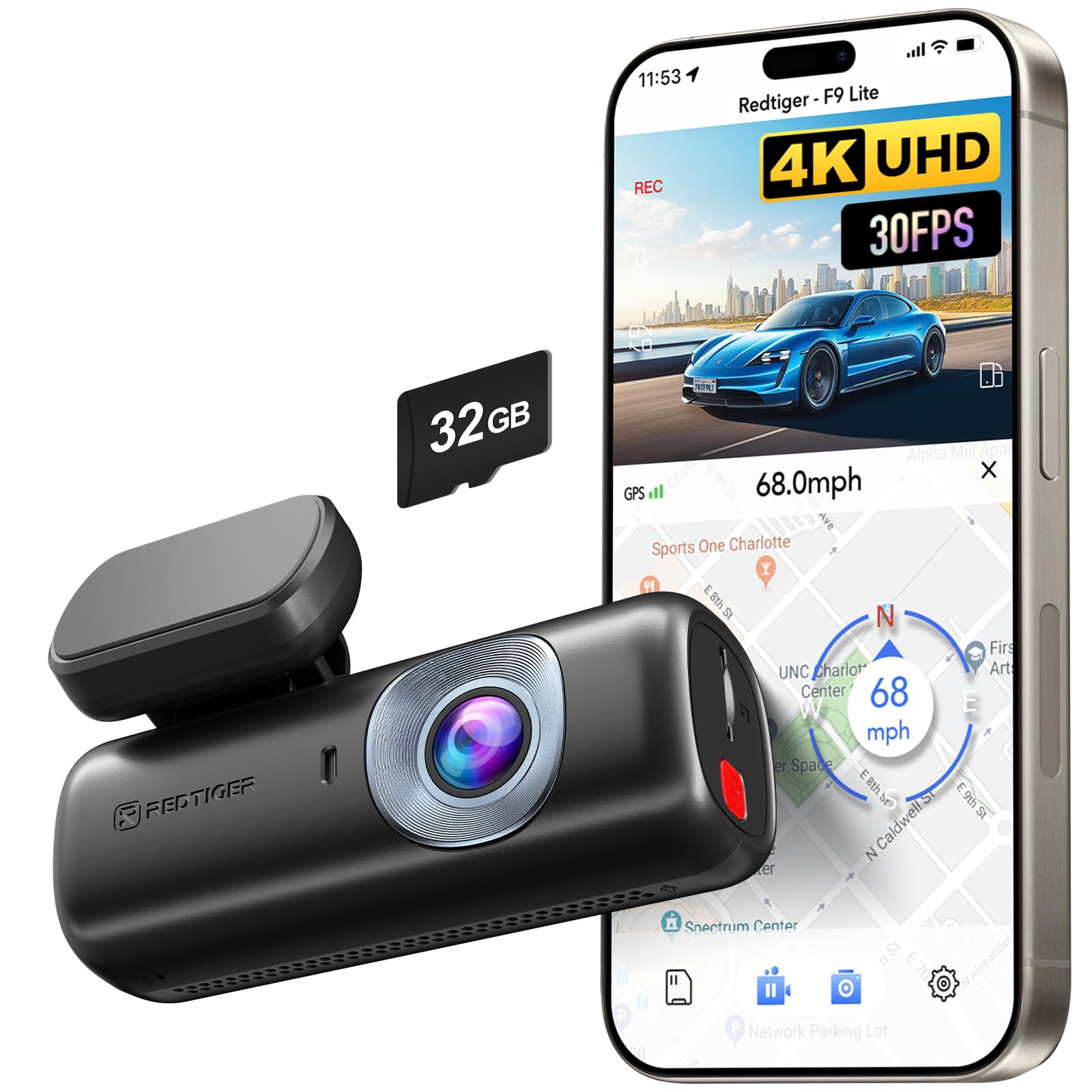 ريدتايجر كاميرا لوحة قيادة 4K للسيارات، تحكم من التطبيق، ADAS، بطاقة ذاكرة 32GB متضمنة، نظام تحديد المواقع والواي فاي مدمج، كاميرا لوحة قيادة صغيرة مع مقياس تسارع، رؤية ليلية، وضع وقوف السيارة لمدة 24