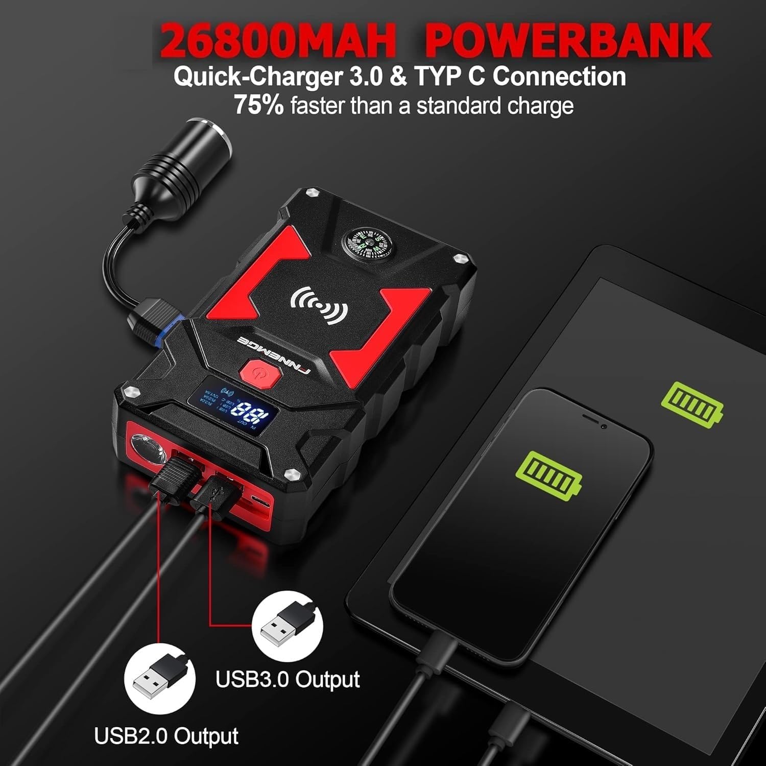 FNNEMGE Car Jump Starter, 6000A Peak 26800mAh Car Battery Starter(Up to All Gas, 10.0L Diesel Engine), with USB Quick Charge 3.0,LED Light, EC-5 Output. …