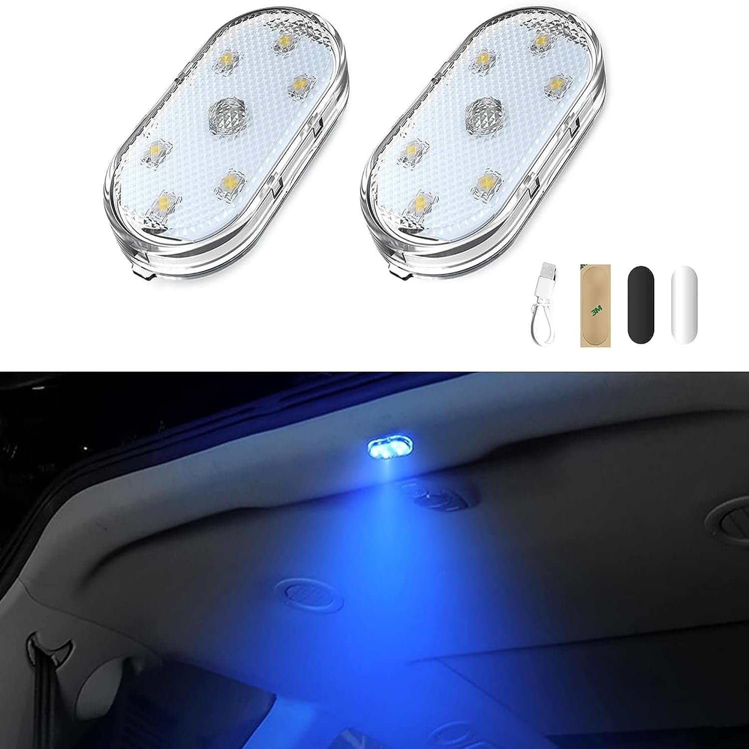 سلفار مصابيح LED للسيارة، مصابيح LED داخلية صغيرة محمولة تعمل باللمس مع 6 خرزات مصباح LED ساطعة، اضاءة قابلة لاعادة الشحن بمنفذ USB، مصباح طوارئ للسيارة (ضوء ازرق)