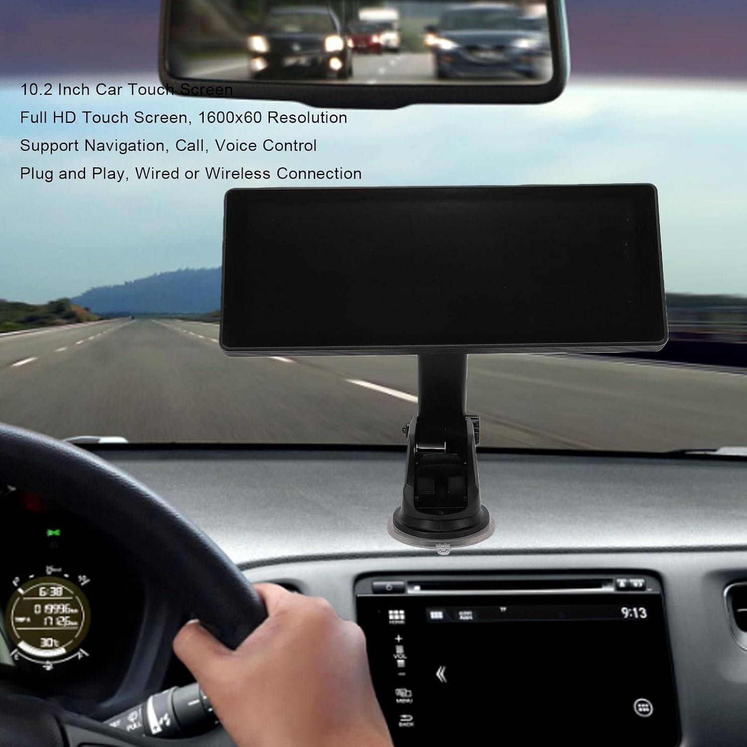 Denash 10.2" Car Play Screen for Car, Wireless Play & Android Auto Touchscreen Display, Voice Control GPS Navigation Bluetooth FM and Hands-Free Calling (Desktop + Suction Cup)