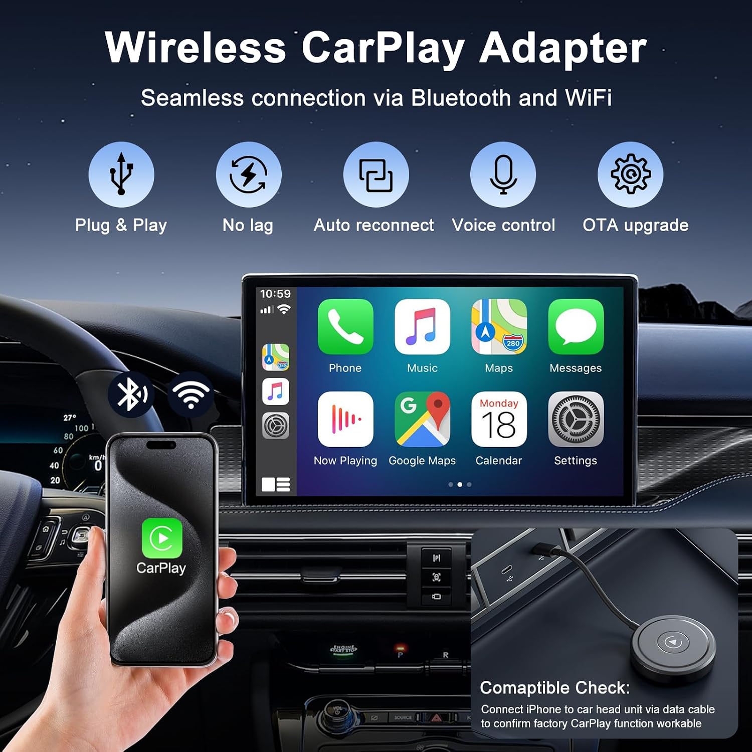 Carplay Wireless Adapter For Iphone, Dongle, Bluetooth Convert Wired To Compatible With 2016+ Cars (Supports Ios 10-17)