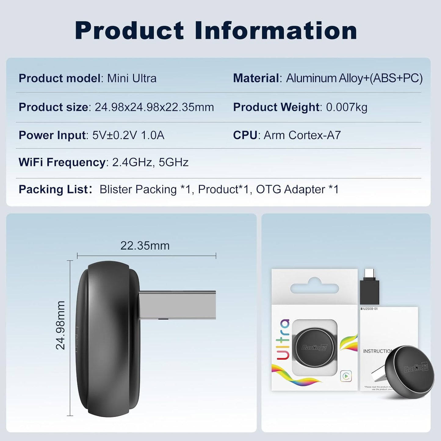 Carlinkit Mini Ultra Wireless CarPlay & Android Car Adapter, Convert Factory Wired to Wireless, USB-A/USB-C Fast Connection for iOS 10+ & Android 11+, Plug & Play Car Play