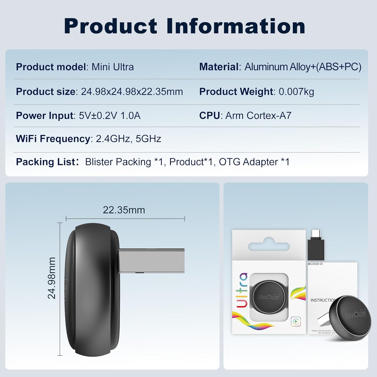Carlinkit Mini Ultra Wireless CarPlay & Android Car Adapter, Convert Factory Wired to Wireless, USB-A/USB-C Fast Connection for iOS 10+ & Android 11+, Plug & Play Car Play
