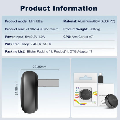 Carlinkit Mini Ultra Wireless CarPlay & Android Car Adapter, Convert Factory Wired to Wireless, USB-A/USB-C Fast Connection for iOS 10+ & Android 11+, Plug & Play Car Play