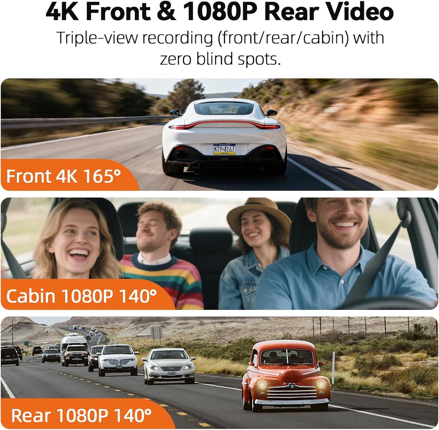 JIMIMAX 4K 3 Channel Dash Cam, 4K+1080P+1080P Front Inside and Rear Cameras, 5.8GHz WiFi 45MB/s Download, Dash Camera for Cars with 3.16" IPS Screen for Parking Monitor, G Sensor -128GB Card Included
