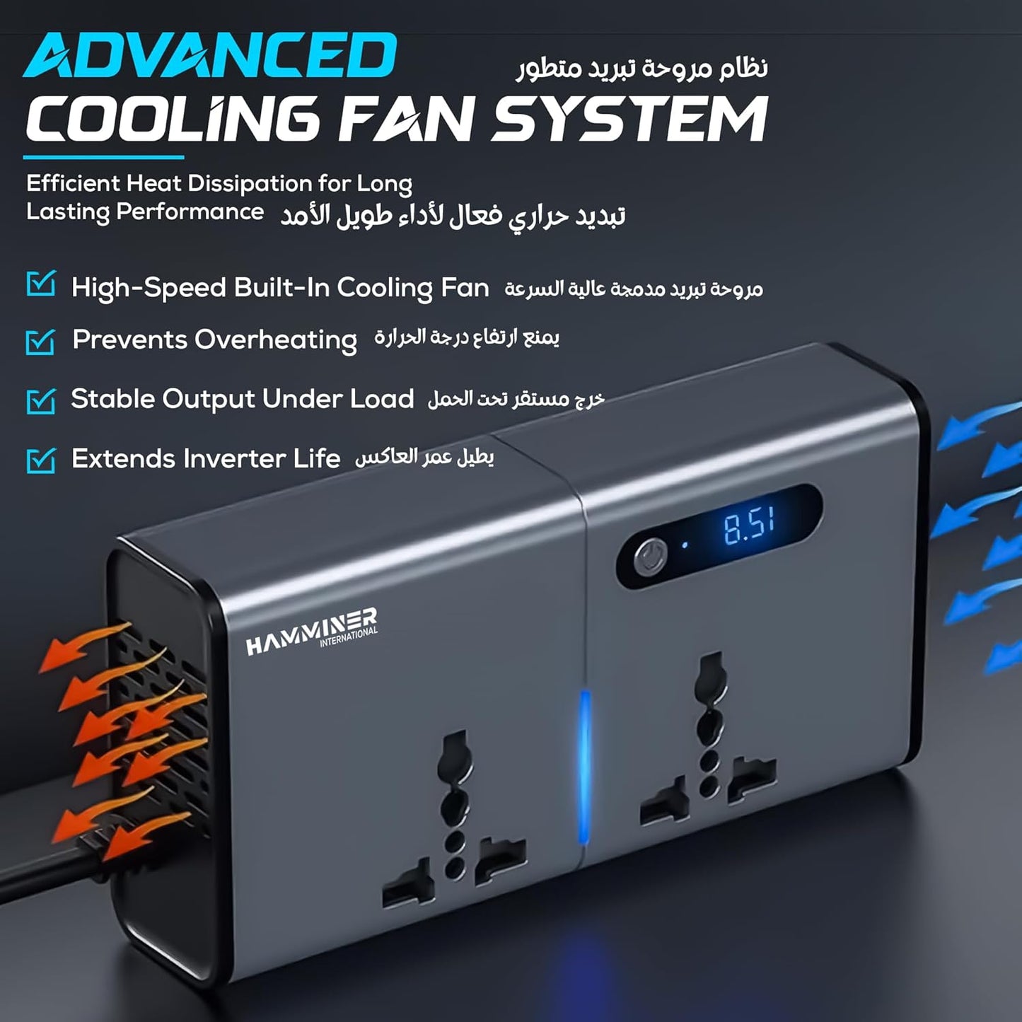 محول طاقة للسيارة 200 واط من هامنر، محول تيار مستمر 12 فولت الى 220 فولت تيار متردد 2 منفذ USB 2 منفذ نوع C، محول قابس السيارة مع مفتاح وشاشة LED تيارية، مناسب للسيارات وسيارات الدفع الرباعي والشاحنات