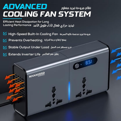 محول طاقة للسيارة 200 واط من هامنر، محول تيار مستمر 12 فولت الى 220 فولت تيار متردد 2 منفذ USB 2 منفذ نوع C، محول قابس السيارة مع مفتاح وشاشة LED تيارية، مناسب للسيارات وسيارات الدفع الرباعي والشاحنات