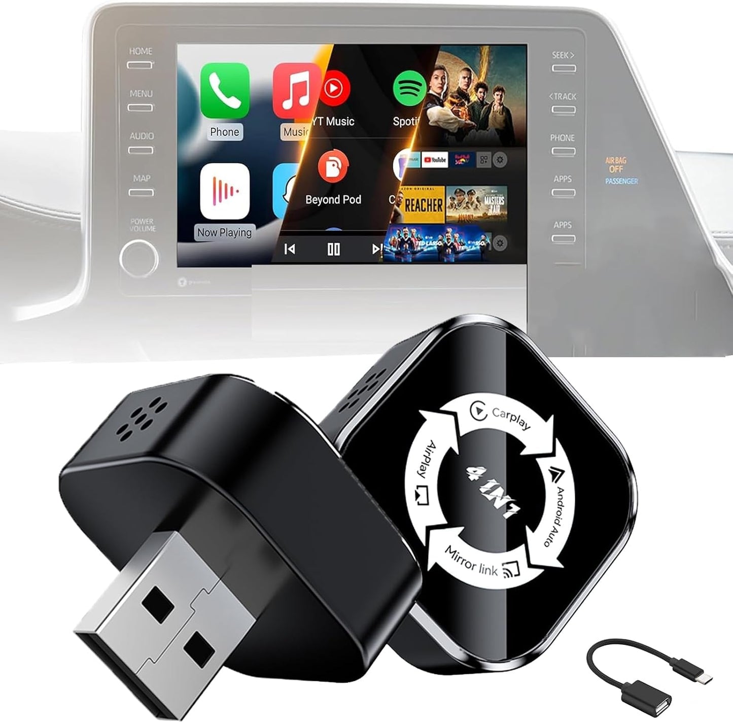 4 in 1 Wireless CarPlay Adapter, For Factory Wired CarPlay Cars, 5.8Ghz Stable, Screen Mirroring, Android Auto, Bluetooth Calling, Universal for iPhone Android (black white)