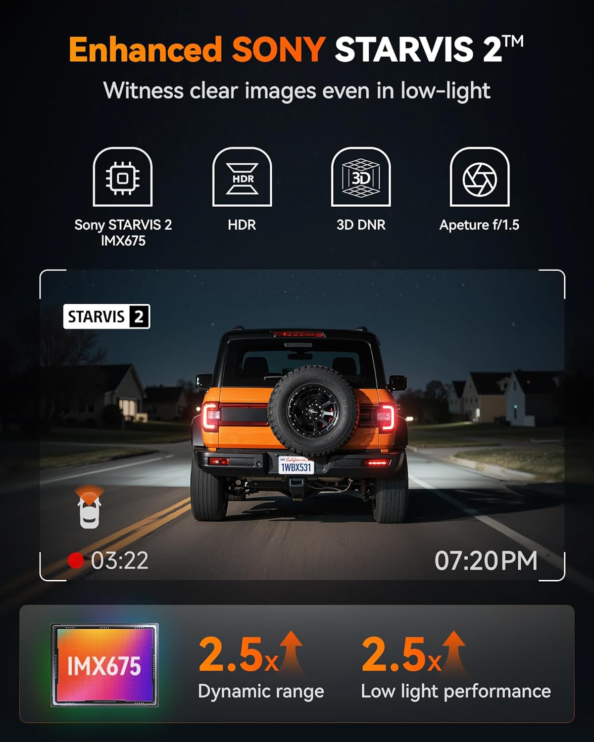 WOLFBOX X3 2.5K 60FPS Dash Camera, STARVIS 2 IMX675 with ADAS, 2.5K+1080P Dual Dashcam Front and Rear Camera, Built-in 5.8GHz WiFi & GPS, Included 64GB Card, Touch Screen, G-Sensor, Loop Recording