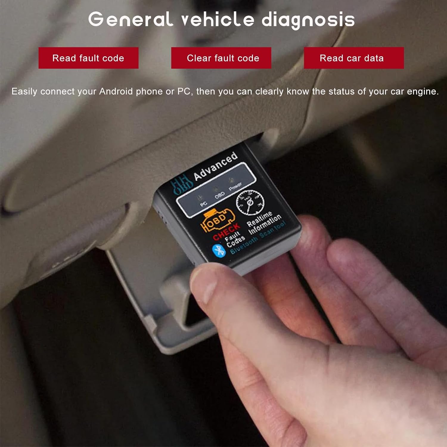 Bluetooth OBD2 Scanner for Car and Vehicles, Wireless OBD II Diagnostic Code Reader for Engine Fault Diagnosis, Universal Professional Auto Scan Tool and Tester Adapter Accessory