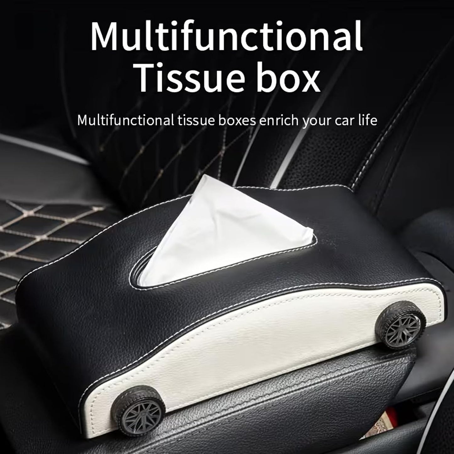 Car-Shaped Tissue Box Holder, PU Leather Tissue Case with Anti-Slip Base, Auto Interior Organizer Napkin Holder, Luxury Car Accessories for Dashboard (Black and beige)