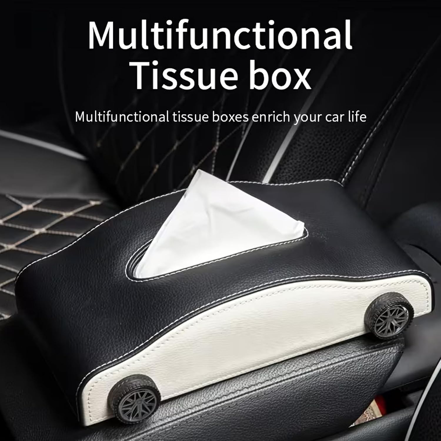 Car-Shaped Tissue Box Holder, PU Leather Tissue Case with Anti-Slip Base, Auto Interior Organizer Napkin Holder, Luxury Car Accessories for Dashboard (Black and beige)