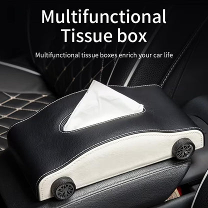 Car-Shaped Tissue Box Holder, PU Leather Tissue Case with Anti-Slip Base, Auto Interior Organizer Napkin Holder, Luxury Car Accessories for Dashboard (Black and beige)