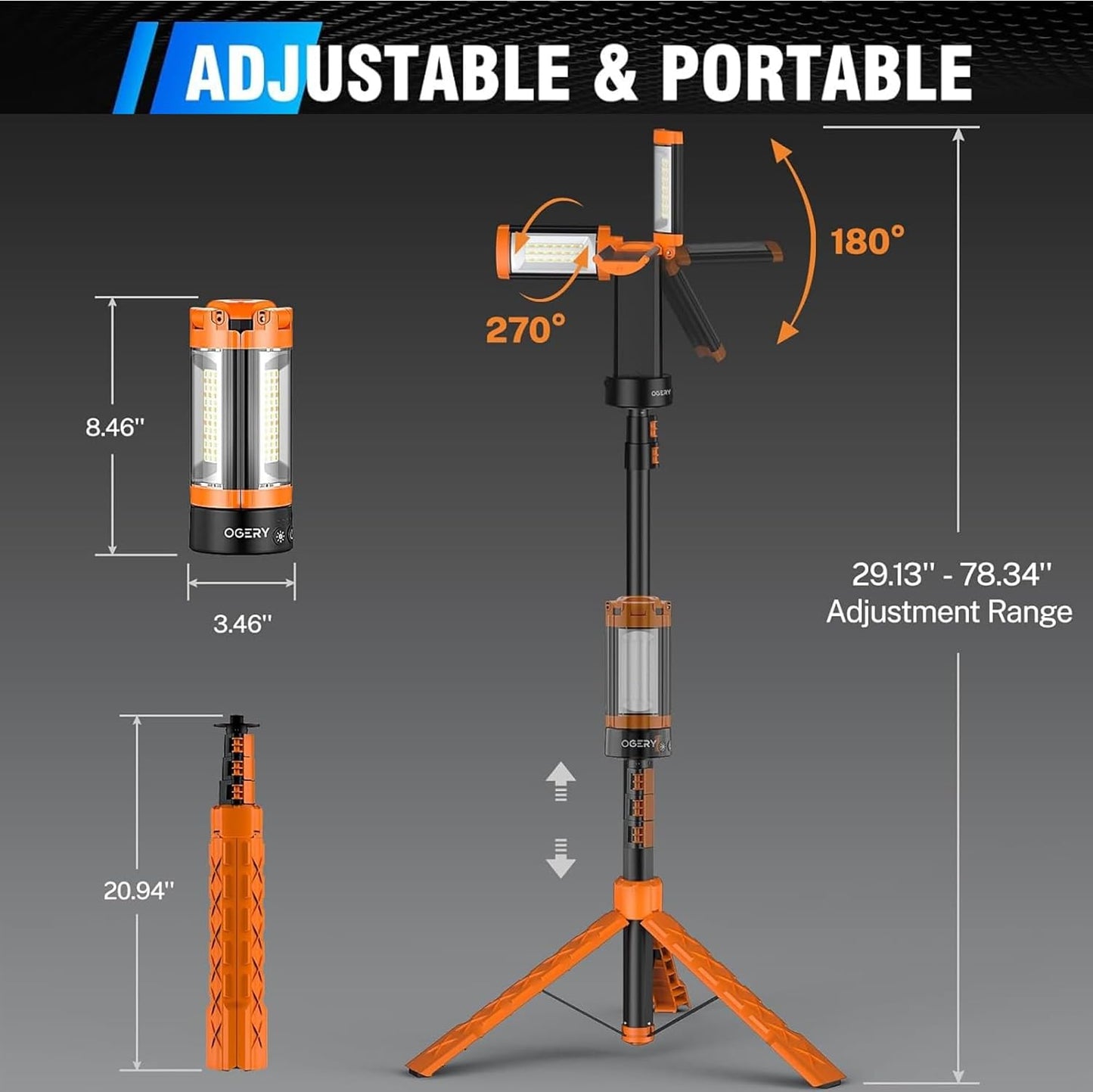 Portable LED Camping Lantern-Cordless Work Light Magnetic Camping Essentials-Detachable Tripod-Rechargeable with Stand-Indoor Outdoor Home LED Flashlights for Camping,Hiking,Fishing,Travel (Light)