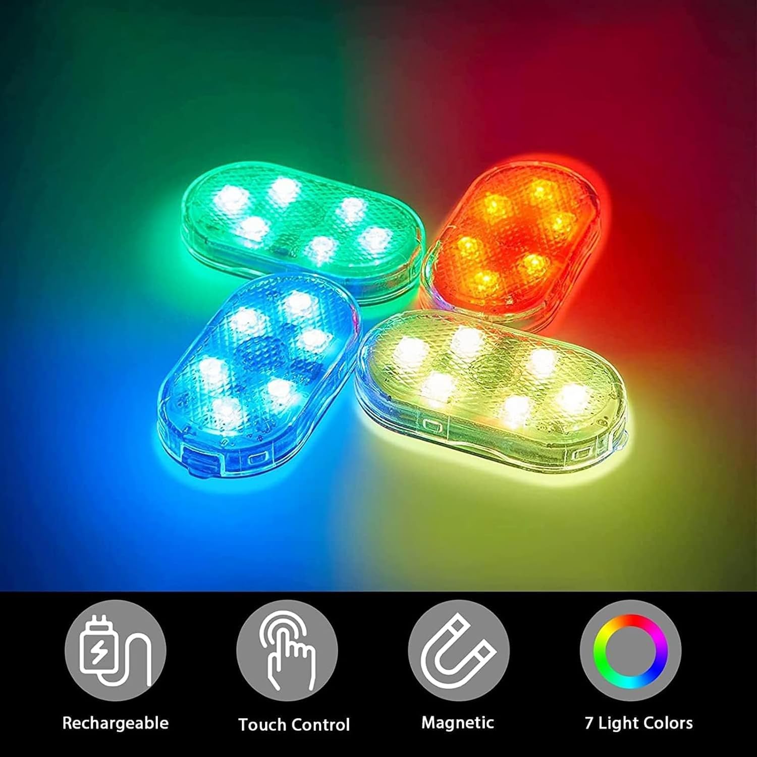 مصابيح LED داخلية للسيارة من جويز، 4 قطع من مصابيح LED لاسلكية للسيارة مع 7 الوان تاثير رائع، مصابيح LED داخلية للسيارة مع USB قابلة لاعادة الشحن، مصابيح داخلية مغناطيسية سهلة التركيب لجميع السيارات