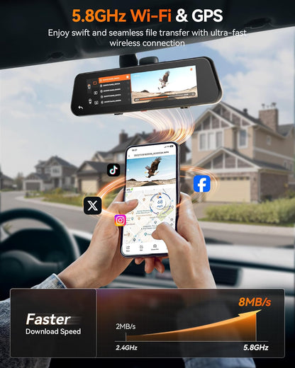 WOLFBOX G900 PRO Mirror Dash Cam with STARVIS 2 IMX678 features a 12-inch mirror, 4K front and 2.5K rear recording. Includes 128GB card, voice control, 5.8GHz WiFi, loop recording, G-sensor, and GPS