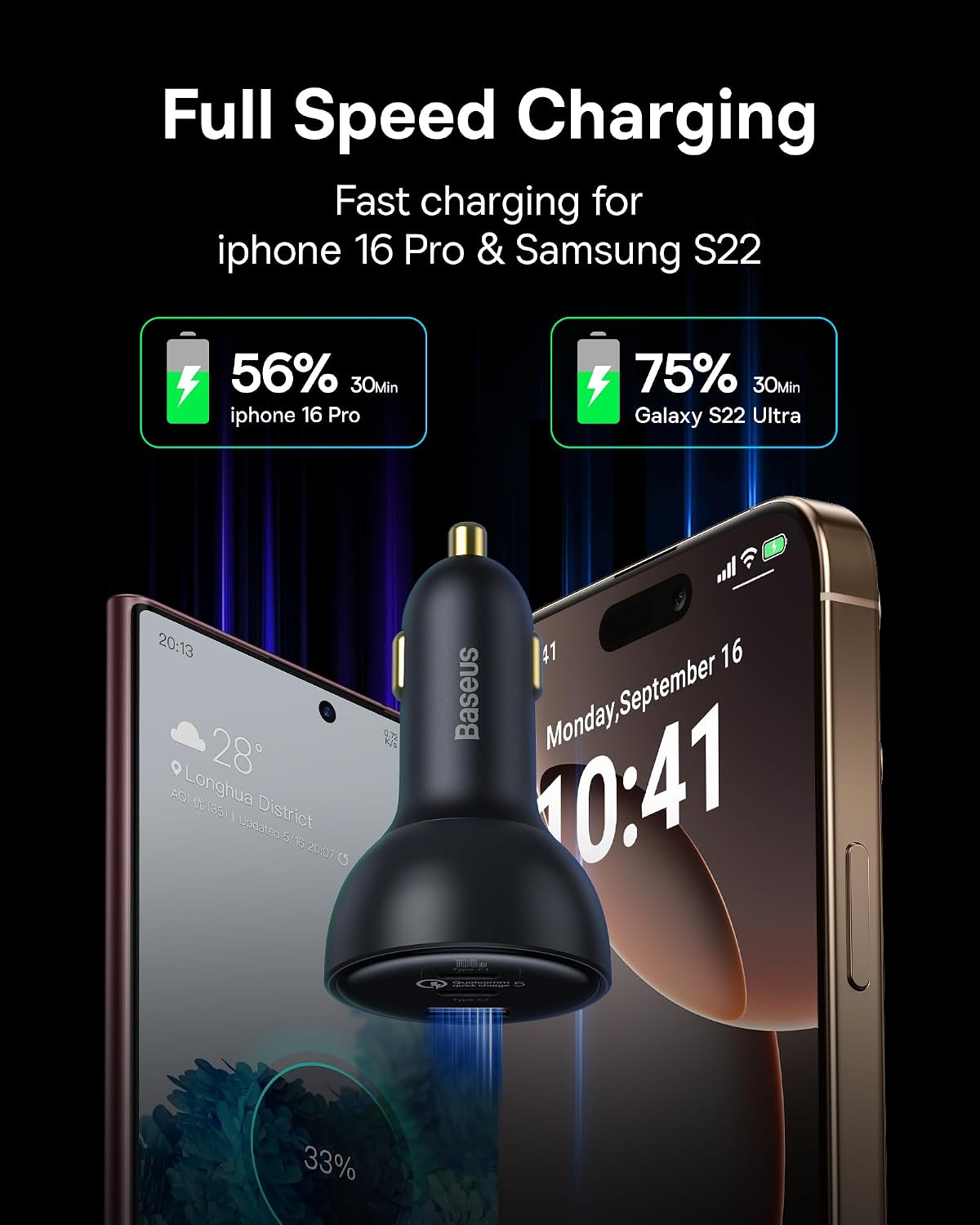 شاحن سيارة USB C، شاحن سيارة باسيوس 160 واط، محول شاحن سيارة سريع QC5.0 PD3.0 بـ3 منافذ، شاحن USB لولاعة السجائر لايفون كروم بوك وسامسونج جالاكسي S21 وايباد برو وماك بوك 2021 وديل لابتوب