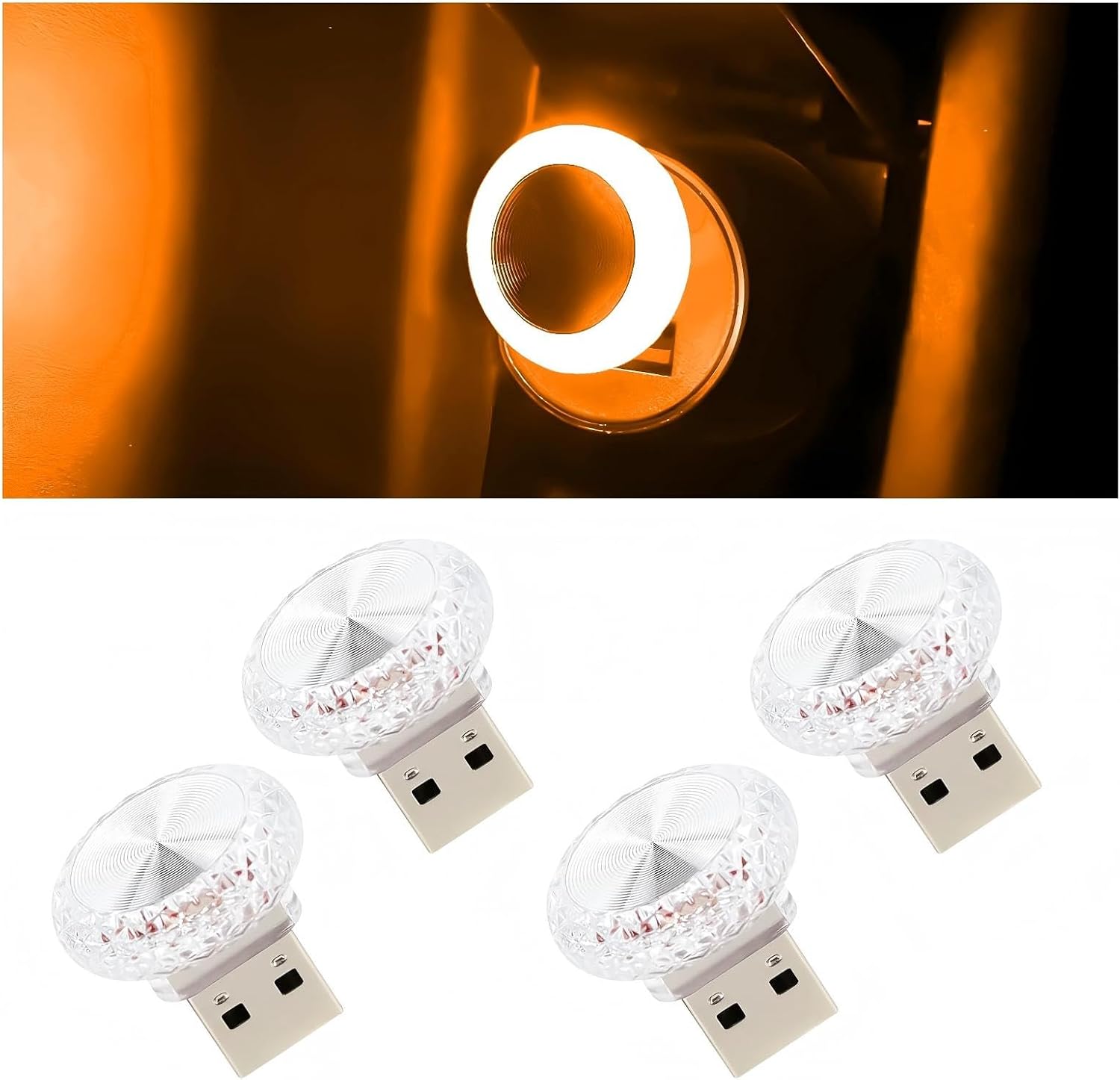 مصابيح LED USB للسيارة من 4 قطع، مصابيح ليلية مدمجة لداخل السيارة، مجموعة عالمية للسيارات المحيطة، ديكور سيارات صفراء، مجموعة اضاءة LED لسيارات ار في وسيارات الدفع الرباعي