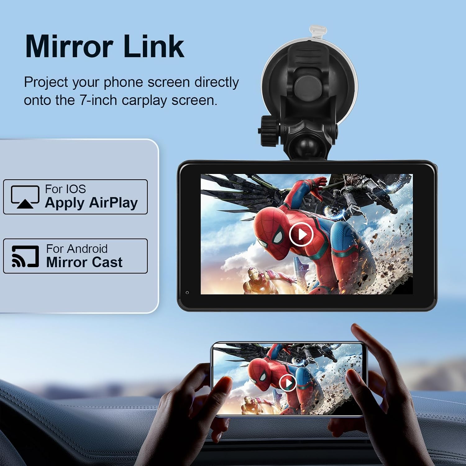 BIGTHREE Car Stereo Wireless Apple Carplay Android Auto, Portable 7 Inch IPS Touchscreen Radio Carplay Screen in Dash Navigation Unit with Bluetooth, Mirror Link, Voice Control, FM/AUX Cable