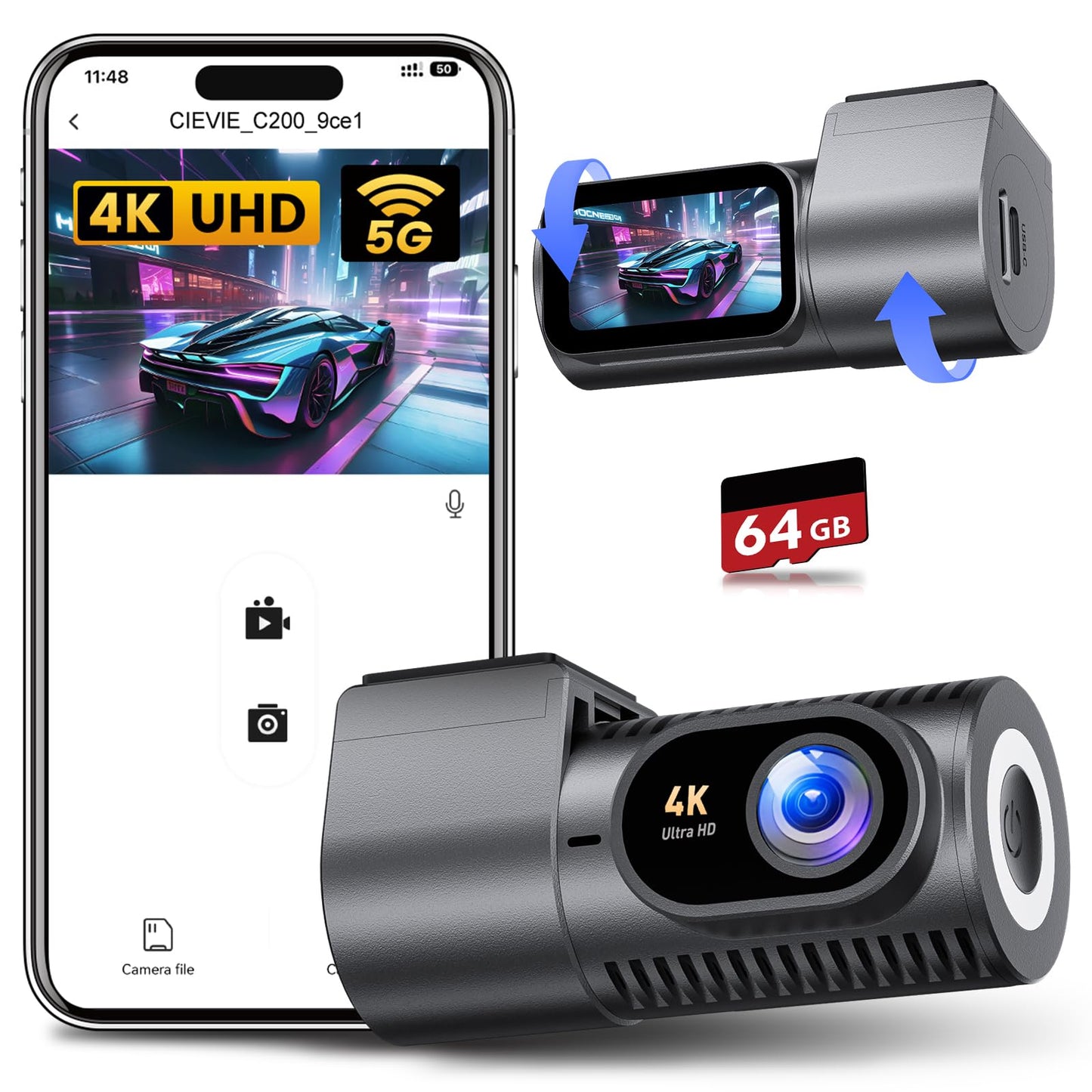 Dash Cam Front 4K - 1.5" IPS Display & 5G WiFi & 64G Card, 360° Rotation Mini Dashcam, Car Camera with WDR Night Vision, 24H Parking Mode, G-Sensor, Loop Recording,170° Angle, Dash Camera for Cars DE