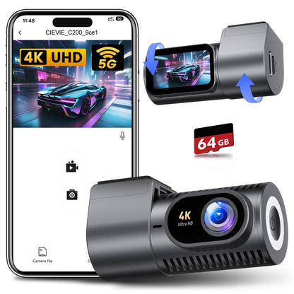 Dash Cam Front 4K - 1.5" IPS Display & 5G WiFi & 64G Card, 360° Rotation Mini Dashcam, Car Camera with WDR Night Vision, 24H Parking Mode, G-Sensor, Loop Recording,170° Angle, Dash Camera for Cars DE