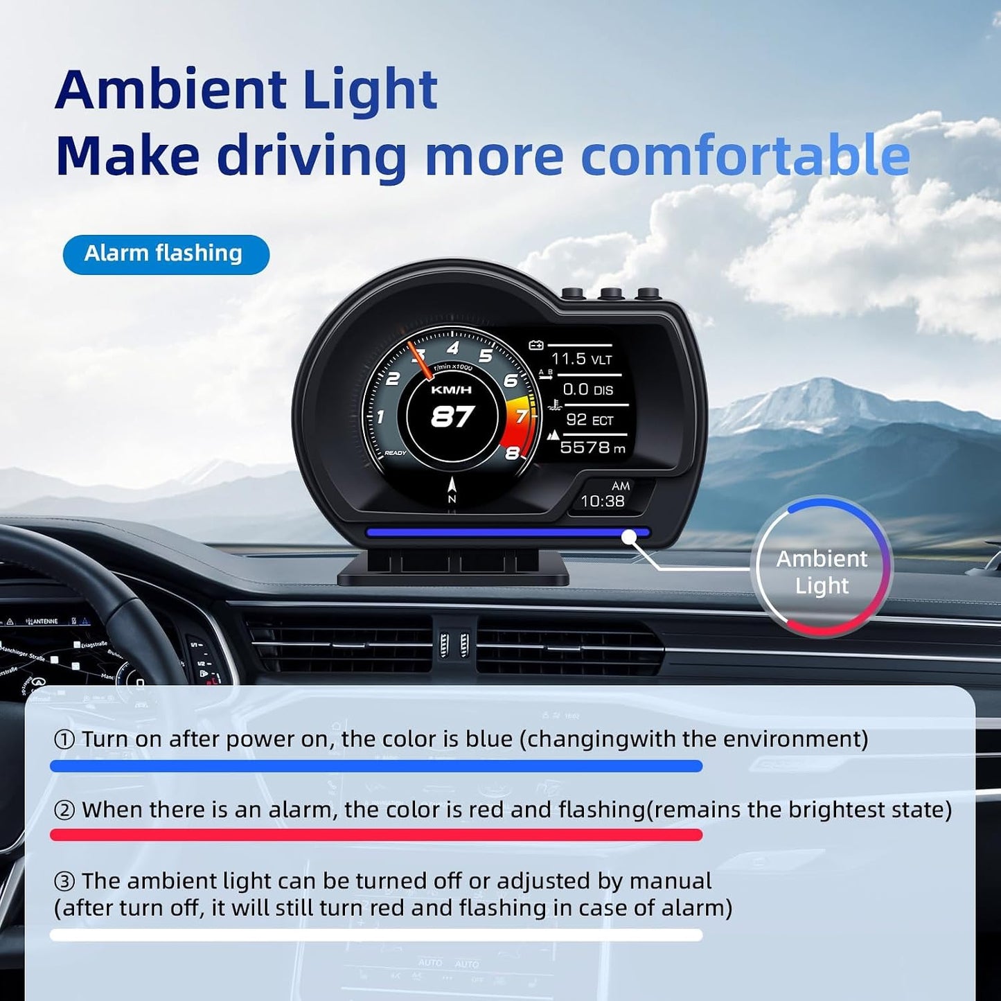 شاشة عرض OBD2+GPS مزدوجة الوضعية للسيارة، 10 واجهات وطريقتان للتركيب، مقياس ذكي لبيانات قيادة السيارة مع سرعة دورة في الدقيقة ودرجة حرارة الماء والوقود وانذار السرعة الزائدة وماسح رمز الخطأ