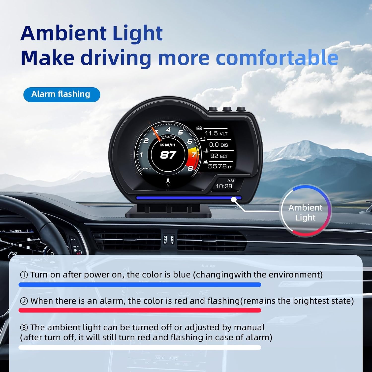 شاشة عرض OBD2+GPS مزدوجة الوضعية للسيارة، 10 واجهات وطريقتان للتركيب، مقياس ذكي لبيانات قيادة السيارة مع سرعة دورة في الدقيقة ودرجة حرارة الماء والوقود وانذار السرعة الزائدة وماسح رمز الخطأ
