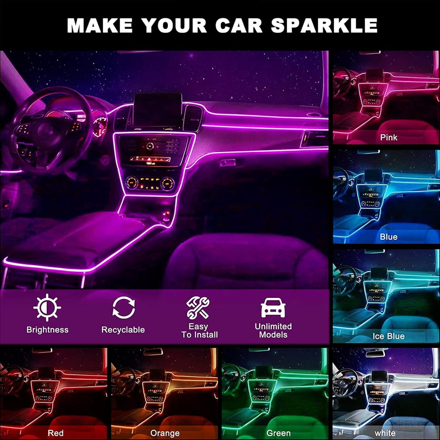 مجموعة مصابيح LED نيون محيطية داخلية للسيارة من Goodream، شريط اضاءة LED متعدد الألوان والاوضاع بخاصية مزامنة الموسيقى ومنفذ USB من الألياف الضوئية، مجموعة إضاءة نيون سلكية محيطية لأجهزة التحكم