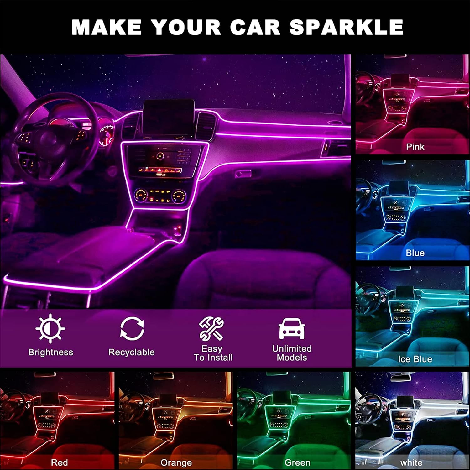 مجموعة مصابيح LED نيون محيطية داخلية للسيارة من Goodream، شريط اضاءة LED متعدد الألوان والاوضاع بخاصية مزامنة الموسيقى ومنفذ USB من الألياف الضوئية، مجموعة إضاءة نيون سلكية محيطية لأجهزة التحكم