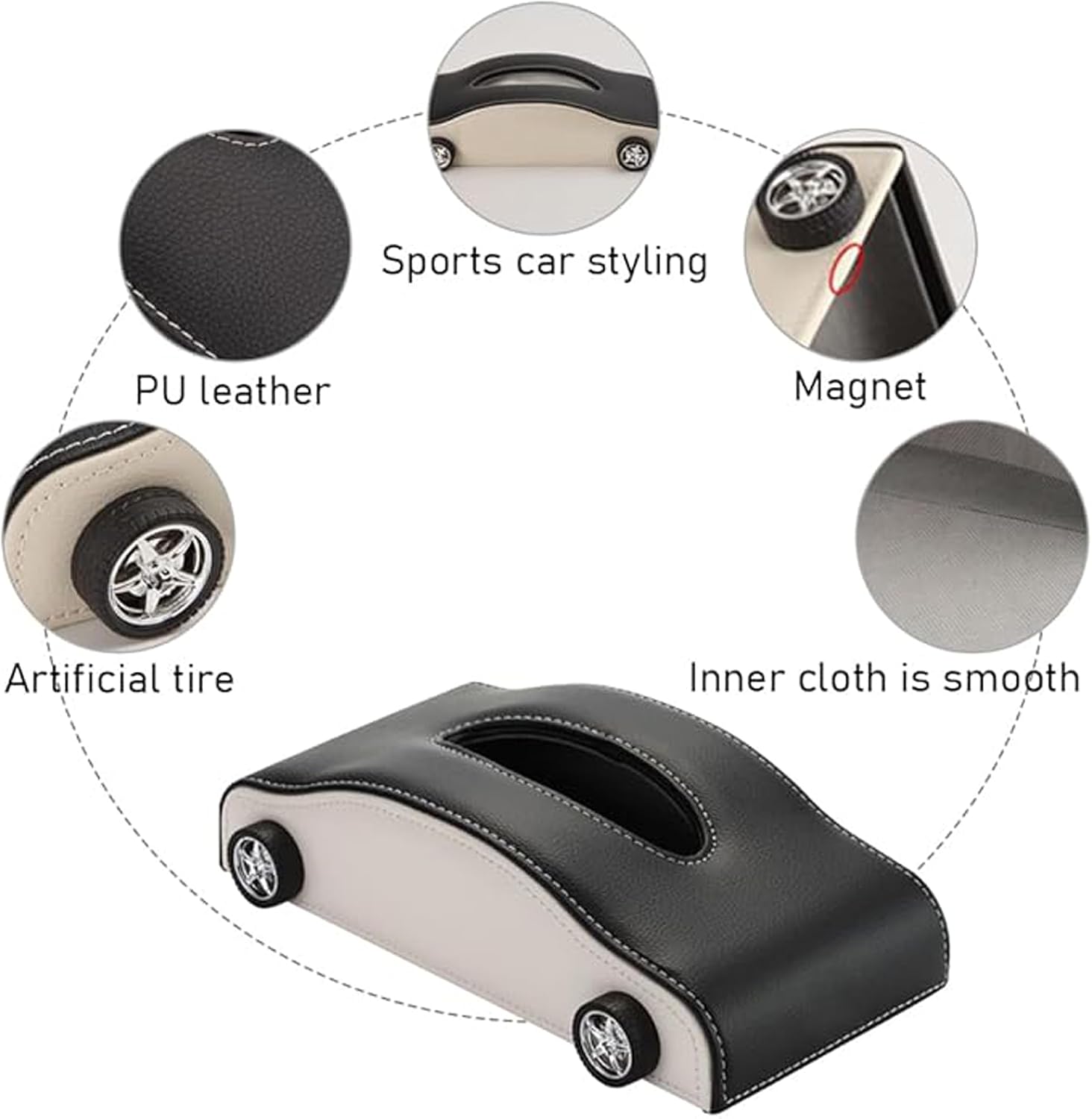 Car-Shaped Tissue Box Holder, PU Leather Tissue Case with Anti-Slip Base, Auto Interior Organizer Napkin Holder, Luxury Car Accessories for Dashboard (Black and beige)