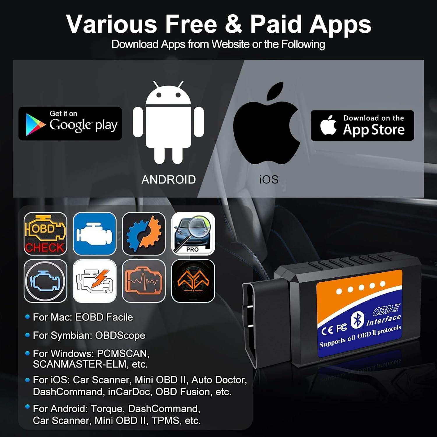 قارئ رموز ماسح ضوئي بلوتوث OBD2 من ايداسيون لنظام تشغيل اندرويد ويندوز، محول OBDII لفحص ضوء المحرك لعزم الدوران، او بي دي فيوجن، تطبيق الماسح الضوئي للسيارة