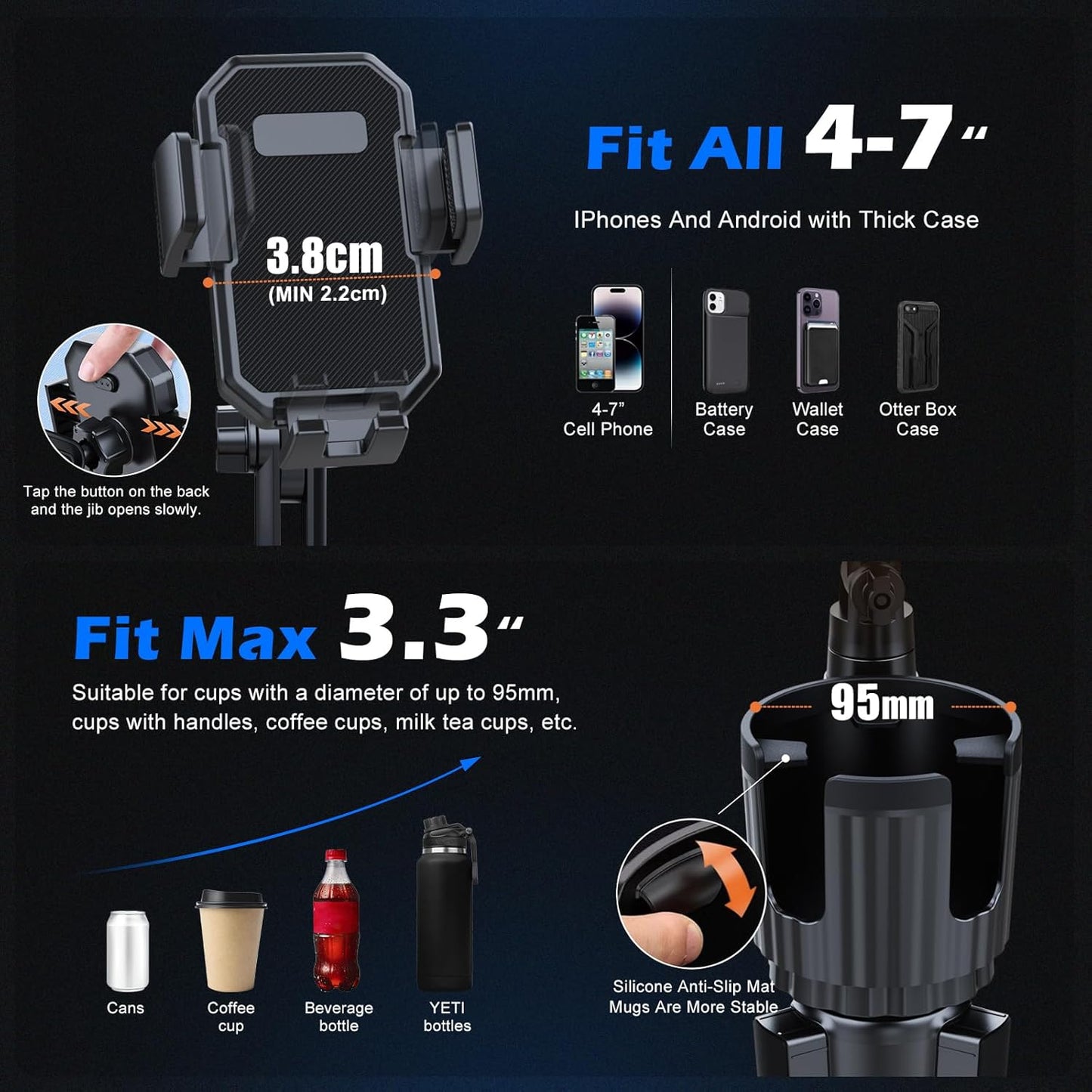 Car Cup Holder Phone Mount, 2-in-1 Universal Stand with Cup Holder Expander, 360° Rotation, Black, ABS Plastic, compatible with iPhone and Android