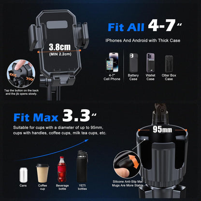 Car Cup Holder Phone Mount, 2-in-1 Universal Stand with Cup Holder Expander, 360° Rotation, Black, ABS Plastic, compatible with iPhone and Android