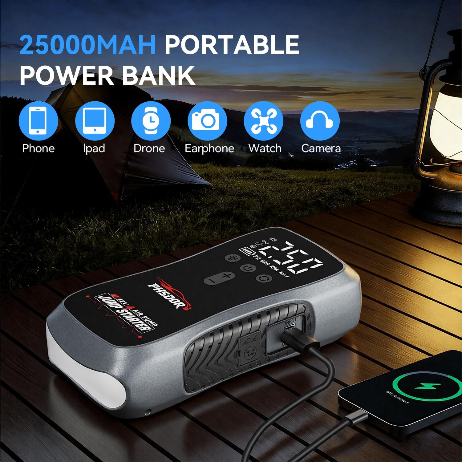 مشغل جامب ستارتر 8000 امبير مع ضاغط هواء، 25000mAh 150 باوند لكل انش مربع (جميع الغاز/10 لتر ديزل)، شاحن بطارية السيارة 12 فولت مع وصلة ذكية ومصابيح LED