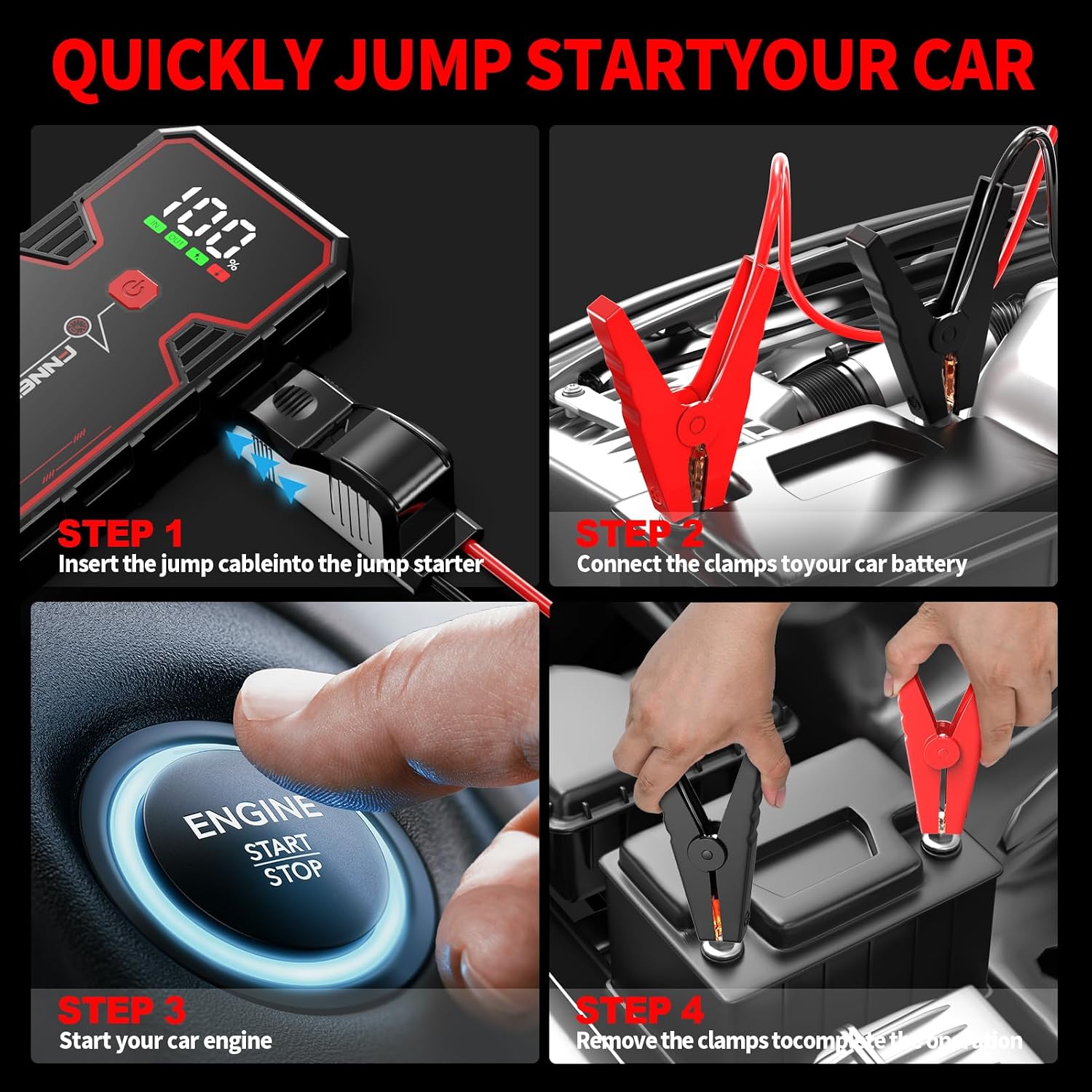 FNNEMGE Car Jump Starter, 5000A Peak 23800mAh 12V Jump Starter Battery Pack(Up to All Gas, 8.0L Diesel Engine),with USB Charge Output Port,LED Light,HD Large Screen