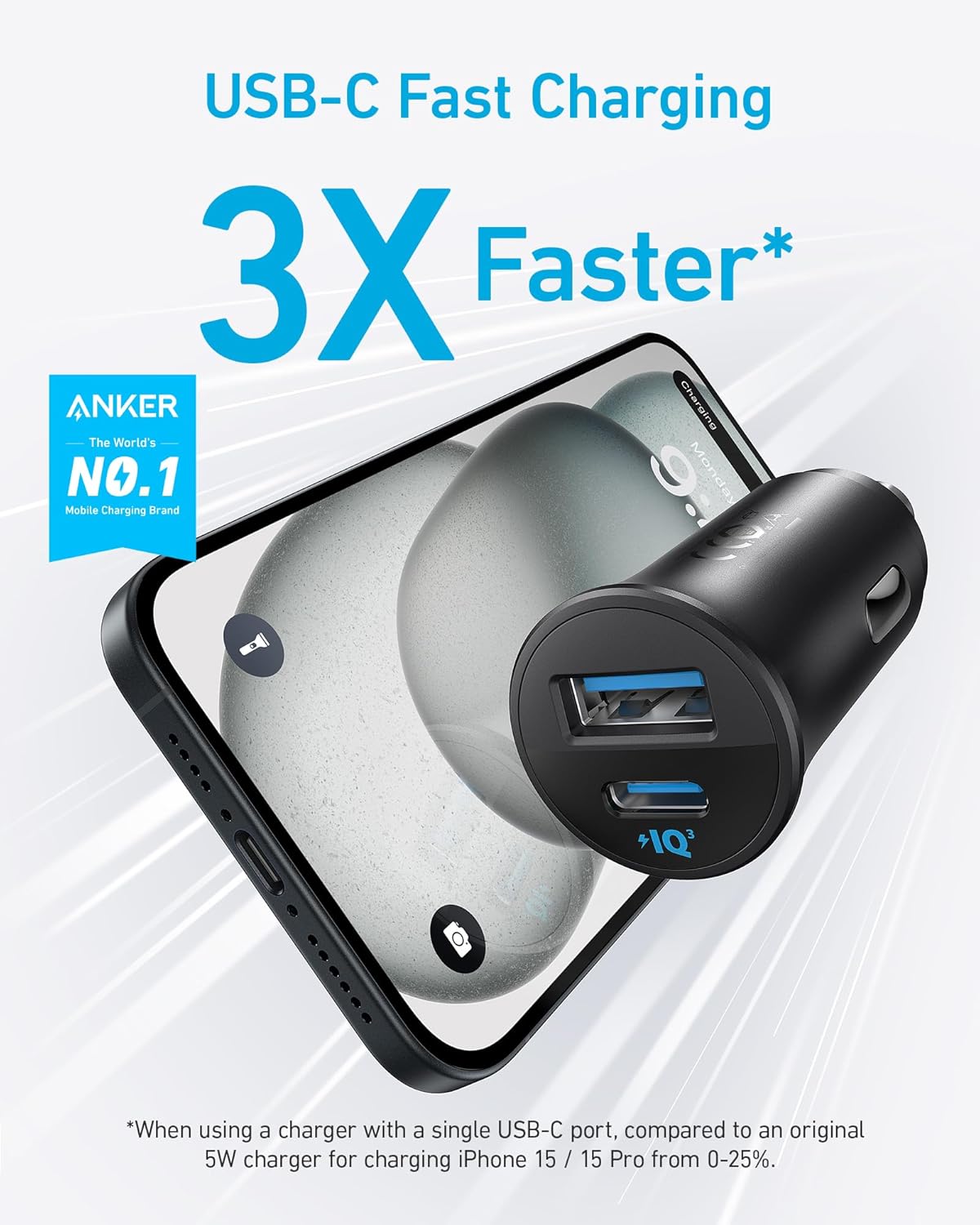 شاحن سيارة USB-C من انكر بقدرة 30 واط بمنفذين من النوع سي، شاحن سيارة ايفون مع باور اي كيو 3.0 لايفون 16/15/14/13/12 سلسلة سامسونج جالكسي S23/S22/S21 وايباد برو وايربودز وهواوي والمزيد