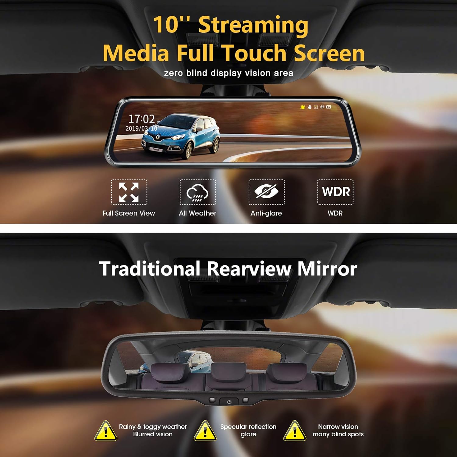 Jansite 10'' Mirror Dash Cam Night Vision 1080P FHD Full Touch Screen Front and Rear View Backup Camera for Cars Loop Recording Streaming Media 170°Wide Angle Parking Assistance with 10 Meters Cable