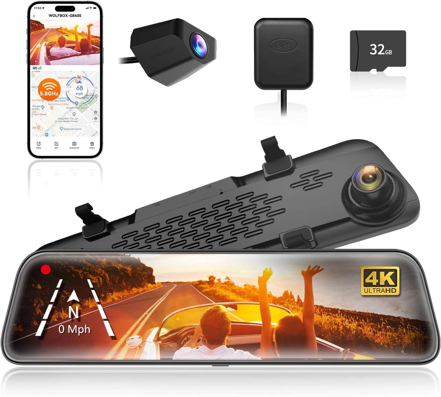 كاميرا ولف بوكس G840S 12 بوصة بدقة 4K، مرآة رؤية خلفية ذكية بتقنية WiFi 5.8 جيجاهرتز للسيارات والشاحنات، كاميرا رؤية أمامية وخلفية مزدوجة، رؤية ليلية، مساعدة في ركن السيارة، بطاقة 32 جيجا بايت متضمنة