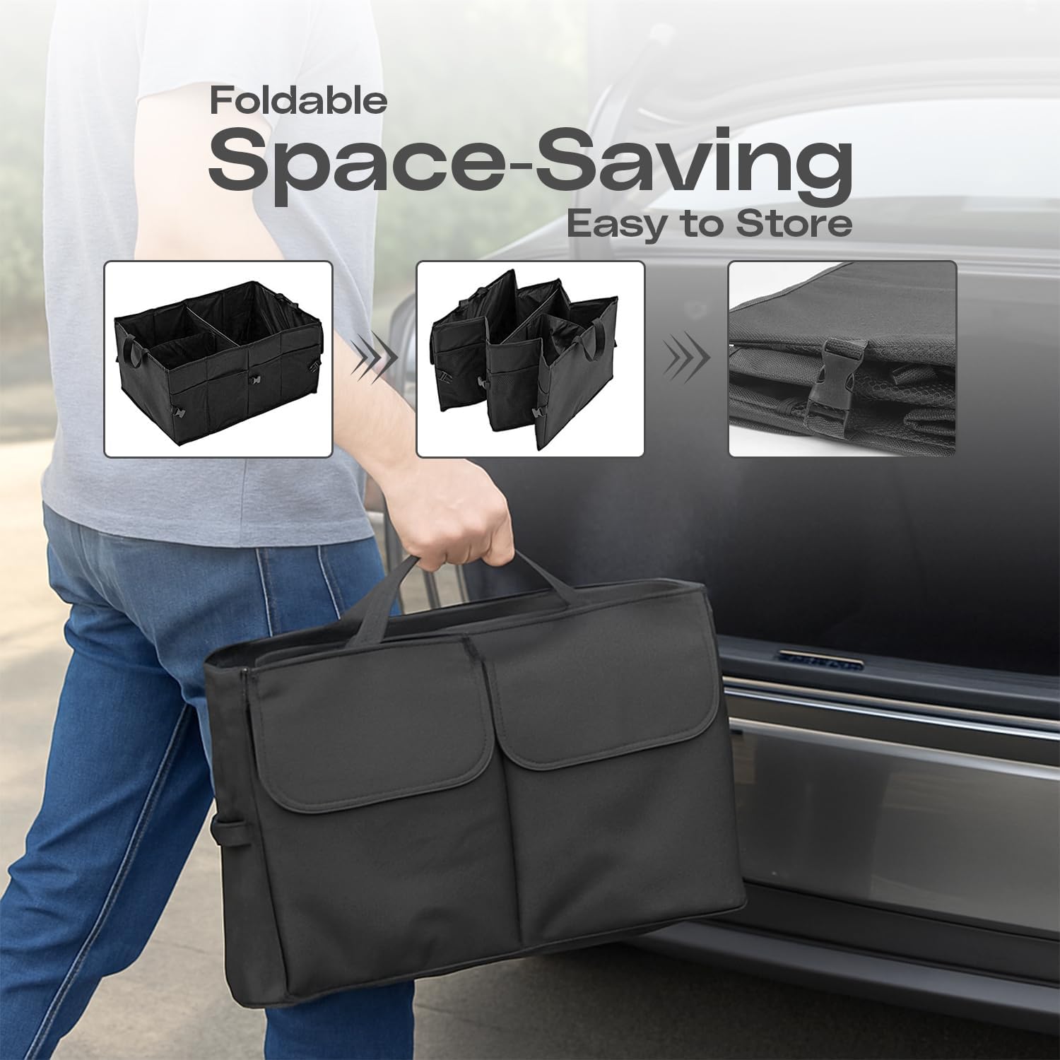 Natna Heavy Duty Foldable Car Trunk Organizer – Universal Fit for All Vehicles, Large Capacity and Spacious, Adjustable Compartments, Mesh Pockets, Collapsible Design, Tool Organizer and storage