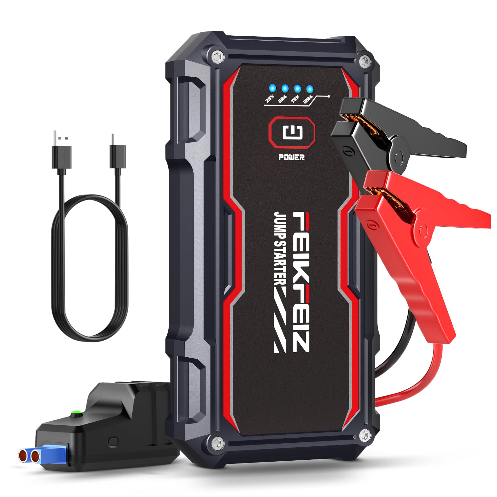 FEIKFEIZ Car Jump Starter, 6000A Peak 26800mAh 12V Battery Jumper Starter Portable for Up to All Gas/8.0L Diesel Vehicles with USB Charge Output Port and LED Lights.
