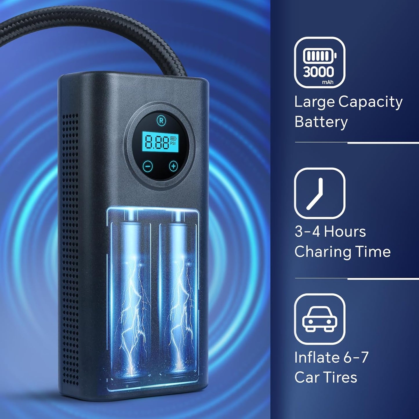 ضاغط هواء لنفخ اطارات السيارة، منفاخ اطارات لاسلكي بايشن 150 باوند لكل انش مربع، شاشة LCD دقيقة لقياس الضغط الرقمي مع ضوء، نفخ سريع للسيارة والدراجة النارية والدراجة الالكترونية والكرات