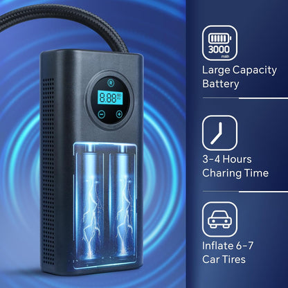 ضاغط هواء لنفخ اطارات السيارة، منفاخ اطارات لاسلكي بايشن 150 باوند لكل انش مربع، شاشة LCD دقيقة لقياس الضغط الرقمي مع ضوء، نفخ سريع للسيارة والدراجة النارية والدراجة الالكترونية والكرات