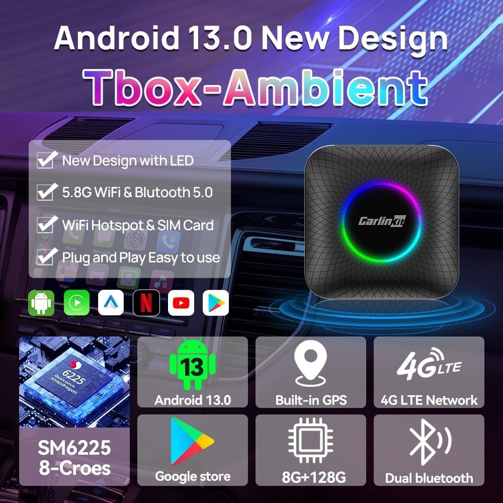 صندوق ماجيك لاسلكي بتقنية الذكاء الاصطناعي 3 في 1، اندرويد 13.0، سناب دراغون 6225، 8GB+128GB، دعم كاربلاي لاسلكي/اندرويد اوتو